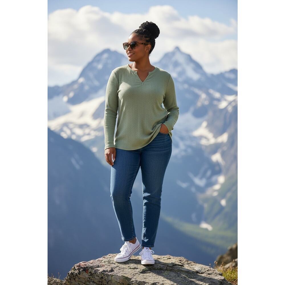 NWT Womens EDDIE BAUER Green Long Sleeve Meadowood Rib Tee 2XL
